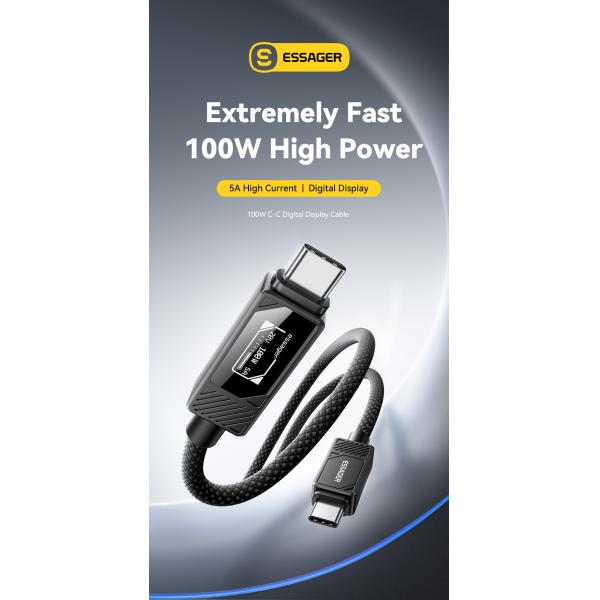 ESSAGER ES-X74 100W 5A Usb C to Usb C Data Cable With Led Display