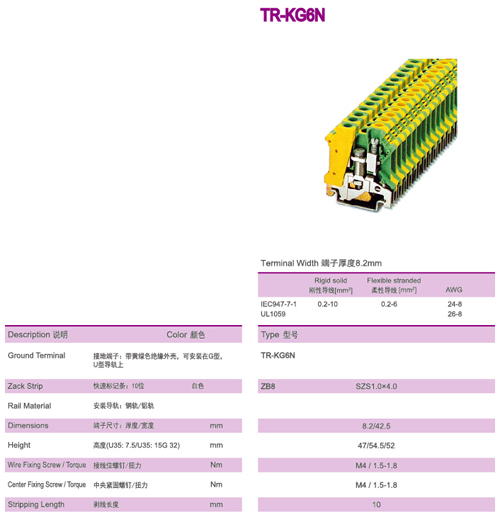 Yellow / Green 8.2mm Width 6mm2 Din Rail Terminal Blocks Ground Earthing Connector