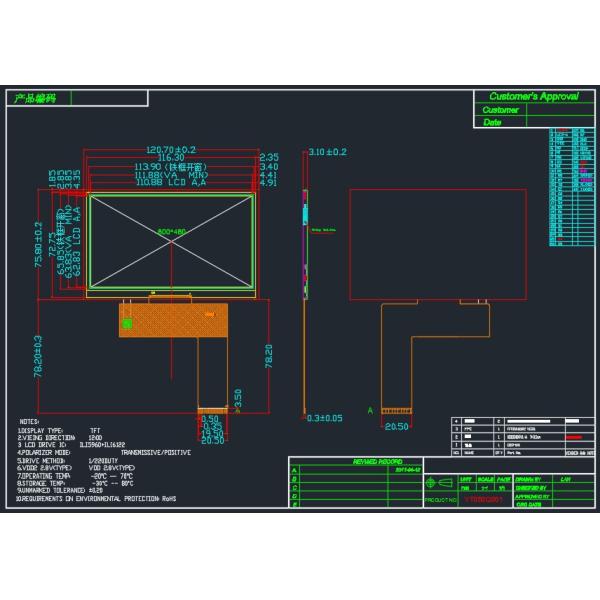 40Pin 5 Inch Capacitive Touch Screen , 1500cd/M2 Industrial Display Screen