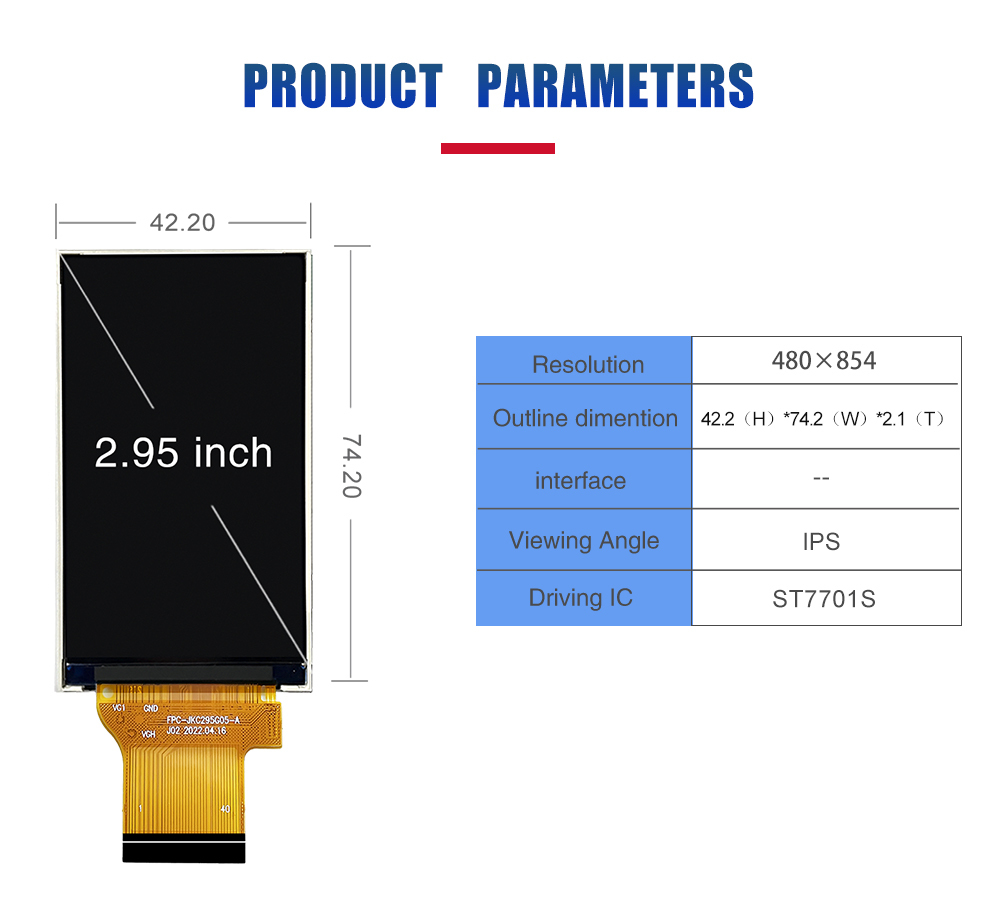 2.95 Inch TFT LCD Module 480x854 Resolution MIPI IPS IC ST7701S