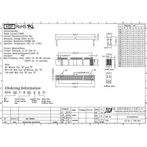 UL2651 28AWG Flat Ribbon Cable Assembly 2.54mm Pitch