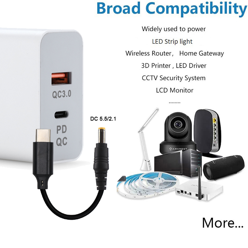 USB C to DC 5521 Cable 100W PD Charging for Laptops Monitors