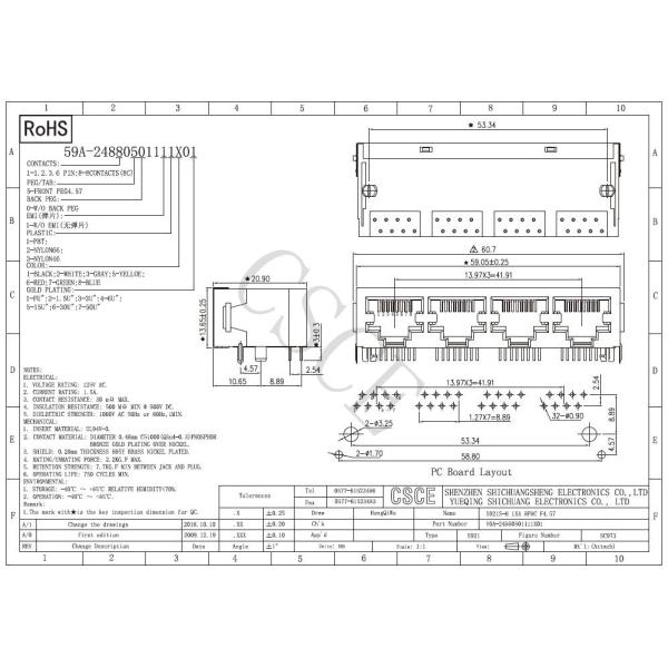Ethernet 8P8C RJ45 Modular Jack 1x4 Port Withstand Voltage 1000V AC 50Hz / 60Hz