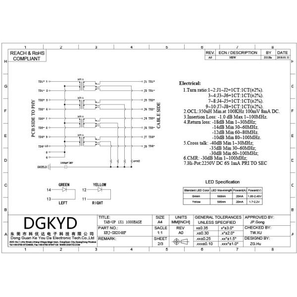 KRJ-SH204HF Shielded Tap-up 1000 BASE Single port cat6 RJ45 Modular Jack with internal magnetics
