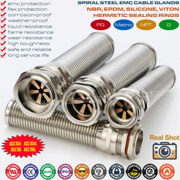 NPT Thread Stainless Steel EMC Cable Glands (Cord Grips) IP68 with Spiral Flex Protector NPT Thread Stainless Steel EMC Cable Glands (Cord Grips) IP68 with Spiral Flex Protector