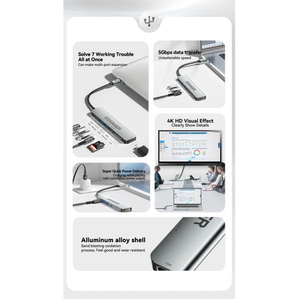 7 In 1 USB C HUB Multifunction Ports Fast Transmission 60W 4K 30Hz