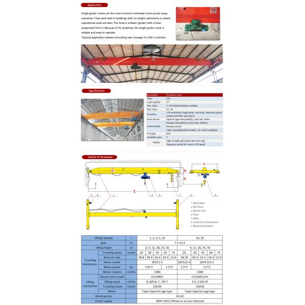 Ceiling Mounted Single Girder Overhead Crane 1-32t Lifting Capacity Pendant Control 20m/min Craning Speed