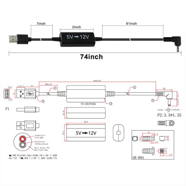 USB to 12V Step-Up Power Cable with Right-Angle DC Plug