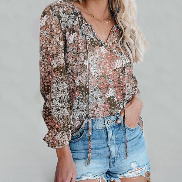 Chiffon Printed 100% Polyester Women'S V Neck Long Sleeves Shirt