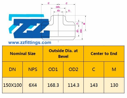 6X4 Reducing Tee Dimensions 6 X 4 Inch Sch 40 Reducing Tee , BE ASTM A234 WP22 Butt Weld Tee For Pipe