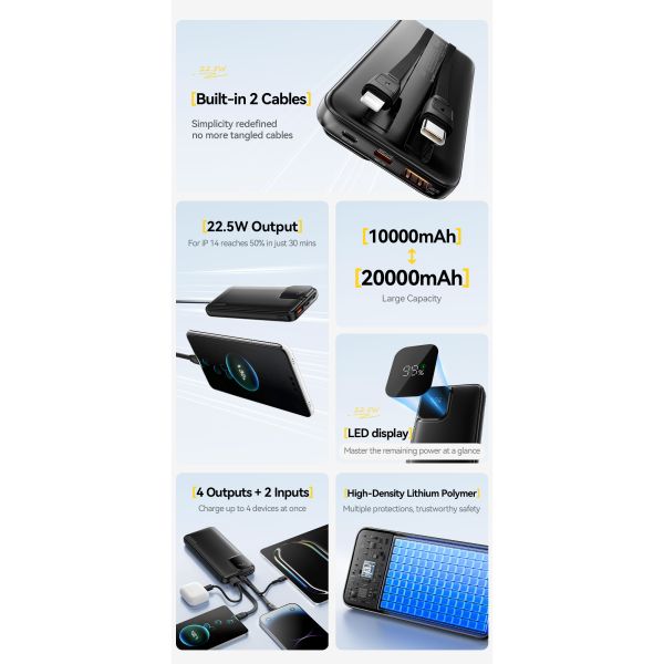 ESSAGER ES-D023 22.5W Digital Portable 20000mAh Power Bank with Cable