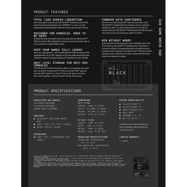 500GB Western Digital BLACK D30 Game Hard Disk Drive SSD OEM