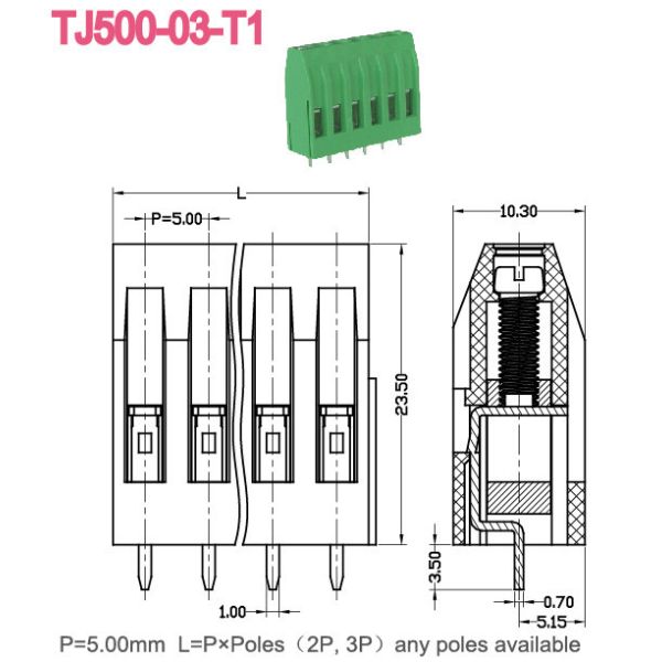 Green 300V PCB Solder Terminal Block With Single Level For Power Supply