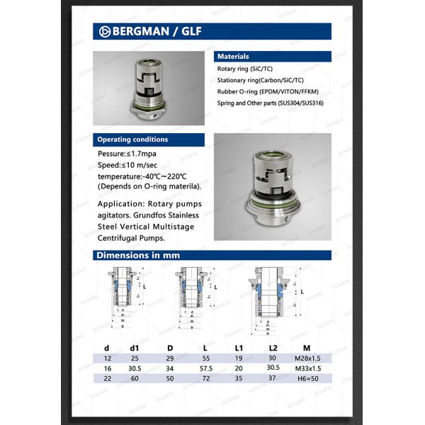 BERGMAN Replace Wilo 156-8/12/15mm PH PB-H HIPH PHI Pump Mechanical Seal