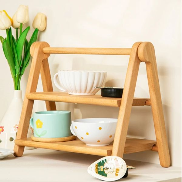Wood Countertop Shelf Organizer 2-Tier Table Ra 2-Tier Table Rack Assemble Triangle Desk Shelf Wooden Kitchen Counter Organizer
