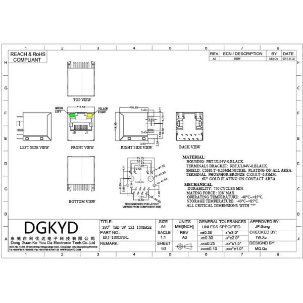 KRJ-180CGYNL Vertical entry 100 BASE RJ45 Shielded Ethernet Connector with LEDS