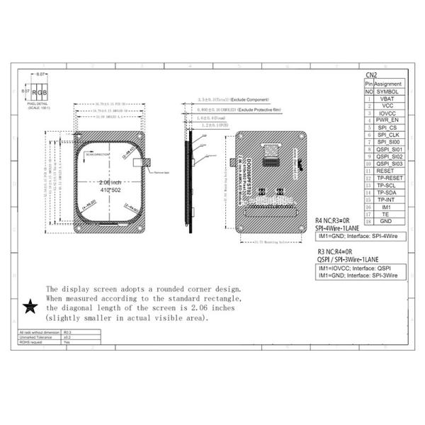2.06 Inch AMOLED Oled Display 410*502 Resolution SPI/QSPI Interface 600c/d Display Driving IC CO5300 Touch Ic FT31