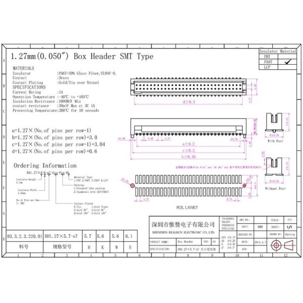 PA6T 1.27mm Pitch SMT Box Header Double Row Right Angle 2*19 Pin UL94V-0