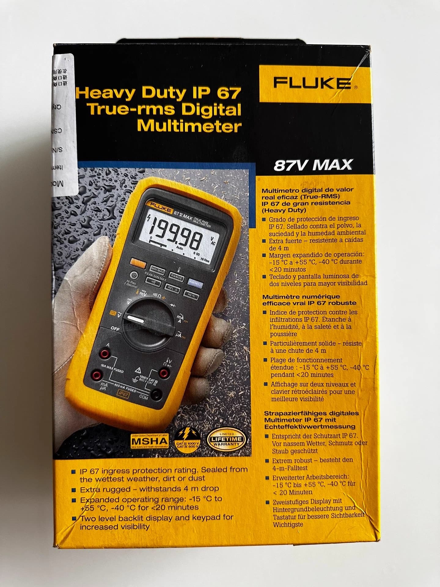 Industrial True-RMS Fluke 87V MAX Multimeter IP67 4 m Drop CAT IV 600 V / CAT III 1000V /1000V 10A, 19999 Count