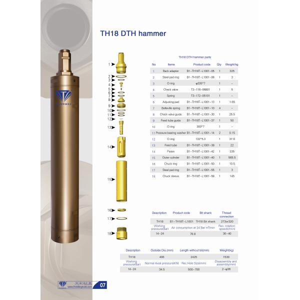 TH18 Down Hole Hammer With Shank TH18 Bit High Reliability Simple Structure