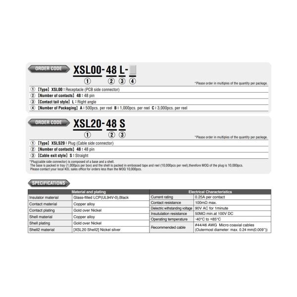 Fine Pitch LVDS KEL Cable XSL20-48S 48 Pin 0.25mm Pitch Multiple Colors