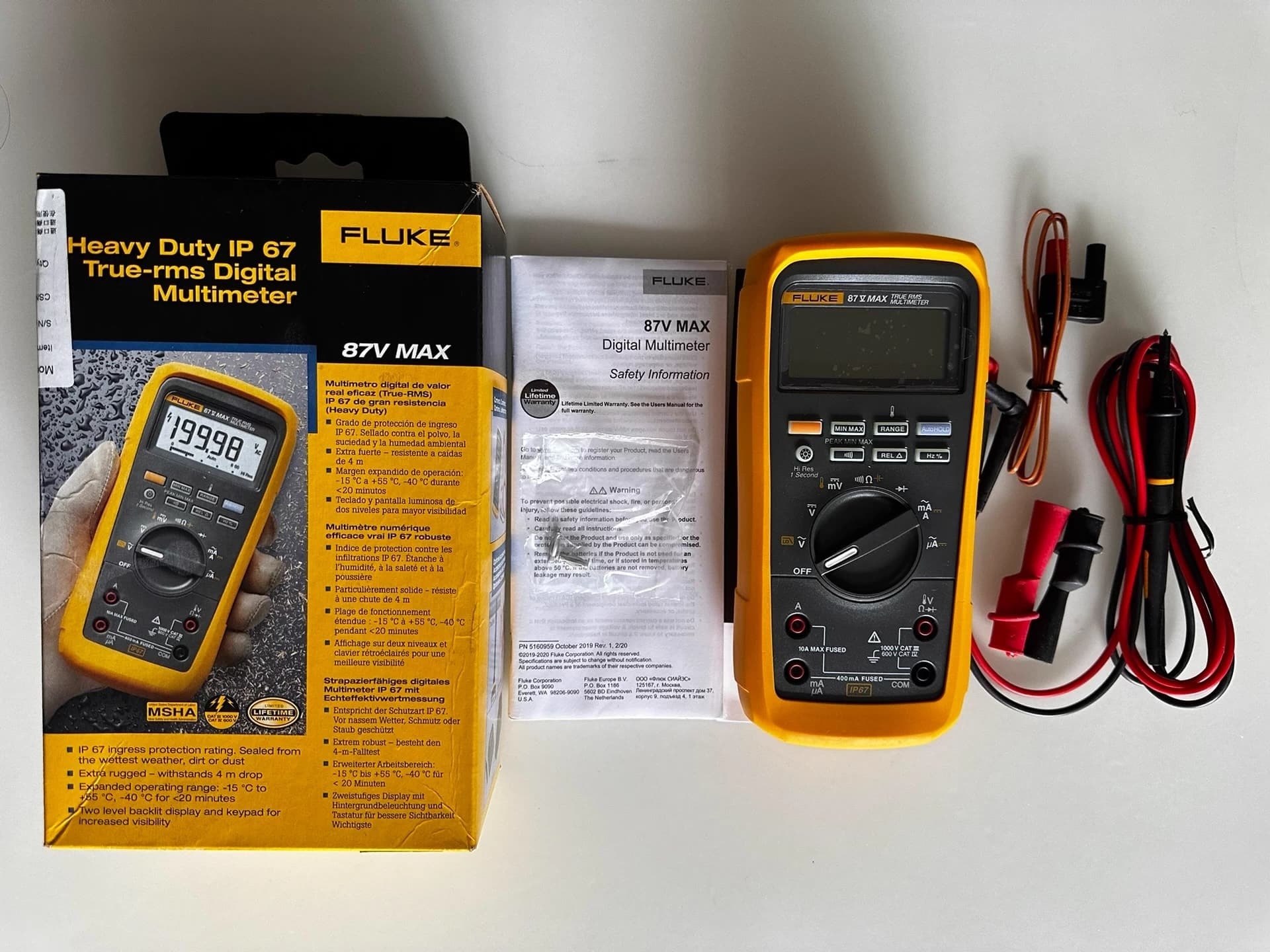 Industrial True-RMS Fluke 87V MAX Multimeter IP67 4 m Drop CAT IV 600 V / CAT III 1000V /1000V 10A, 19999 Count
