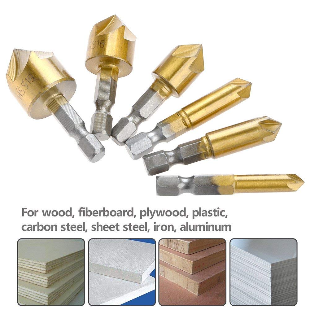 6 Pcs HSS Titanium Coated 90 Degree Countersink Drill Bit Set