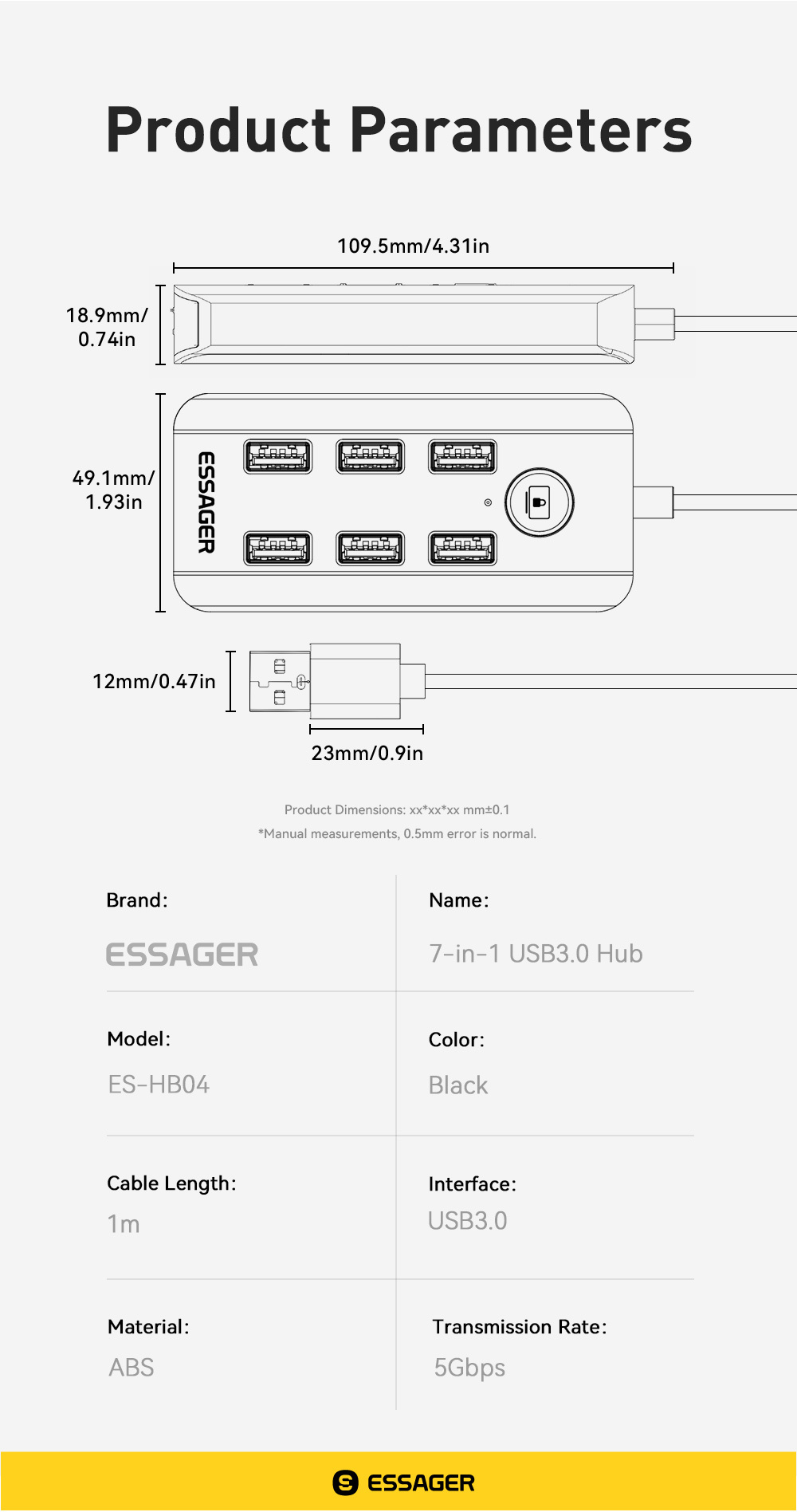 Essager ES-HB04 7-Port USB 3.0 Hub for Laptop PC 5Gbps Data Transfer