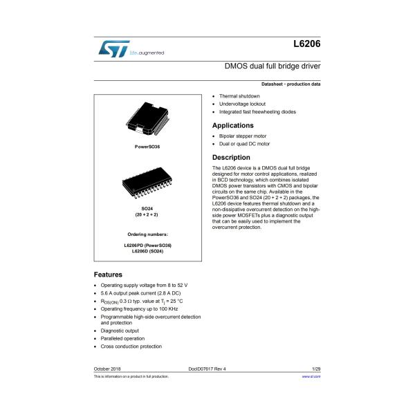 L6206D013TR Stepper Motor Controller Chip Half Bridge 4 Driver DC Motors Voltage Regulators BCDMOS 24-SO