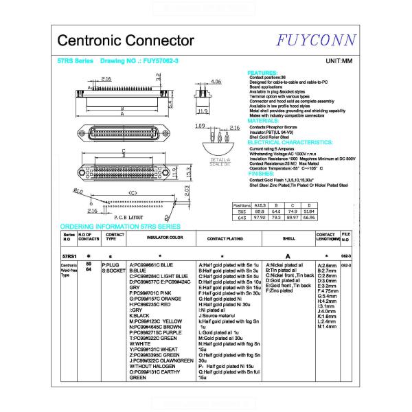 PCB 64 50 Pin Solderless Centronics Connector With Press Pin Contact