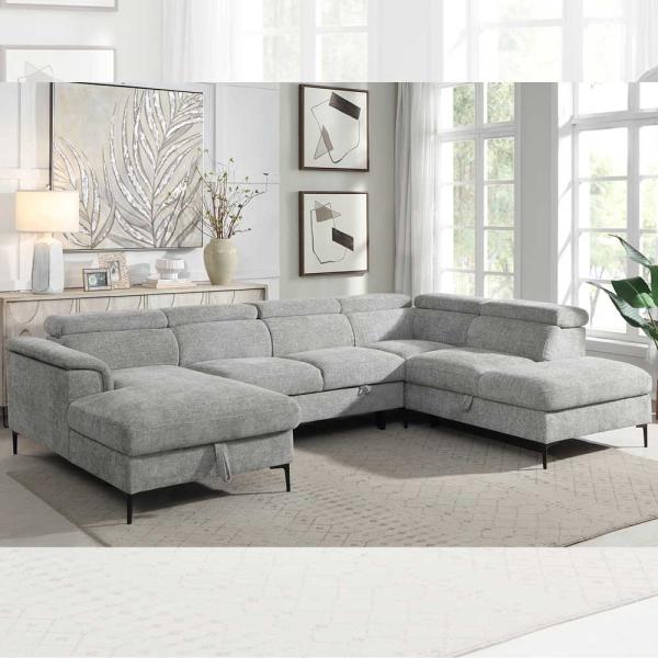 U-Shaped Sectional Sleeper Sofa with Pull Out Bed and Storage Chaise Lounge and Adjustable Headrests, Gray Fabric