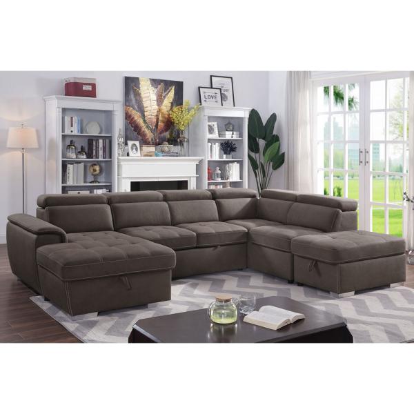 U-Shaped Sectional Sleeper Sofa with Pull Out Bed and Storage Chaise Lounge and Adjustable Headrests, Ash Brown Nubuck Fabric