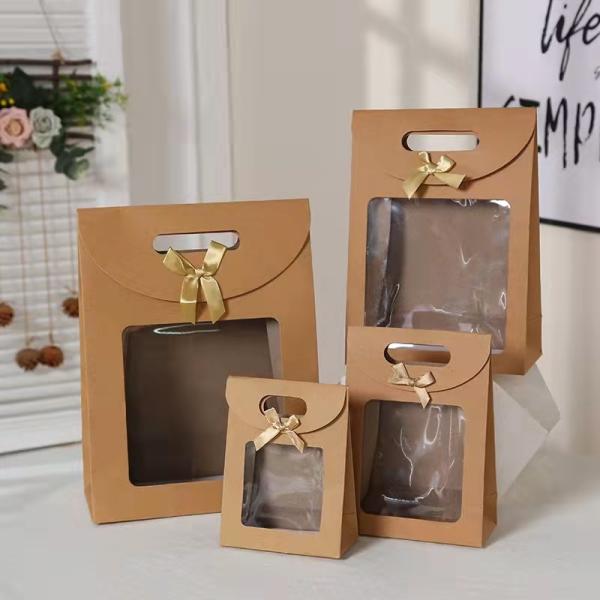 wholesale custom recycled flat bottom small food paper bag shopping packaging bag brown kraft paper bag with clear window