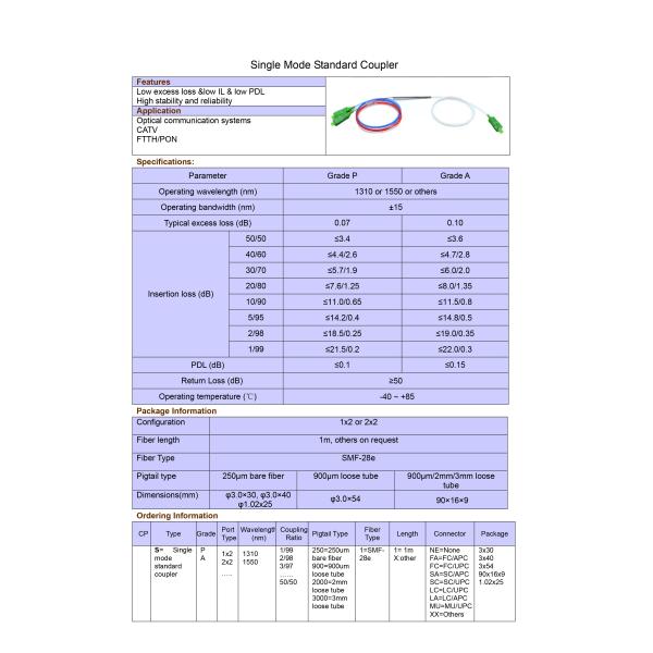 Splitter 1x2 FBT SM Fiber Optic Coupler SC FBT With Steel Tube Fused