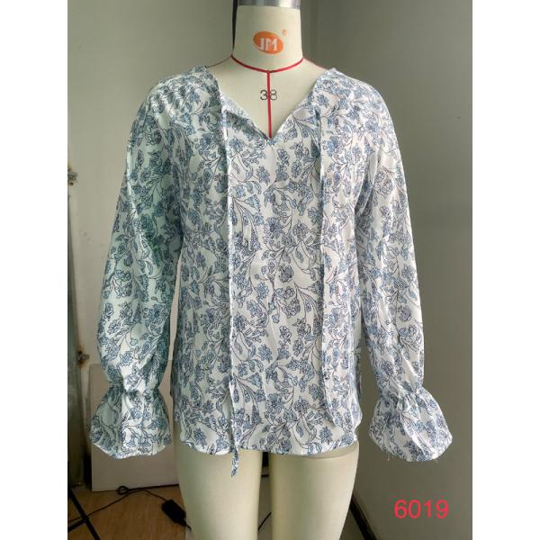 Chiffon Printed 100% Polyester Women'S V Neck Long Sleeves Shirt