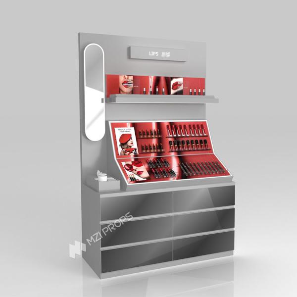 GDR04-CZ-B02 Makeup Display Rack with Grey Melamine Board and LED Strip Lights for Cosmetic Retail Stores