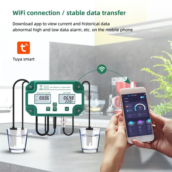 Smart Tuya Wifi Digital PH Meter with Data Logger Function and 6 in 1 TDS.EC.PH.Salinity.G.S.Temp for Hydroponics