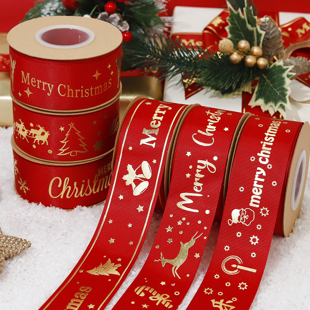 Buy cheap Gold Foil Printed Christmas Ribbon Red Personalised Christmas Ribbon product