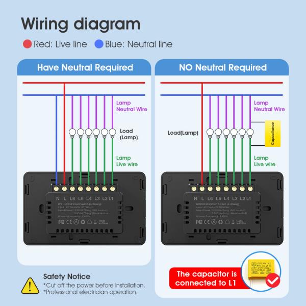 Tuya WiFi Switch Timing 6 Gang Voice App Alexa Google Home No Neutral Wire WiFi RF433 US Light Switch Smart Home