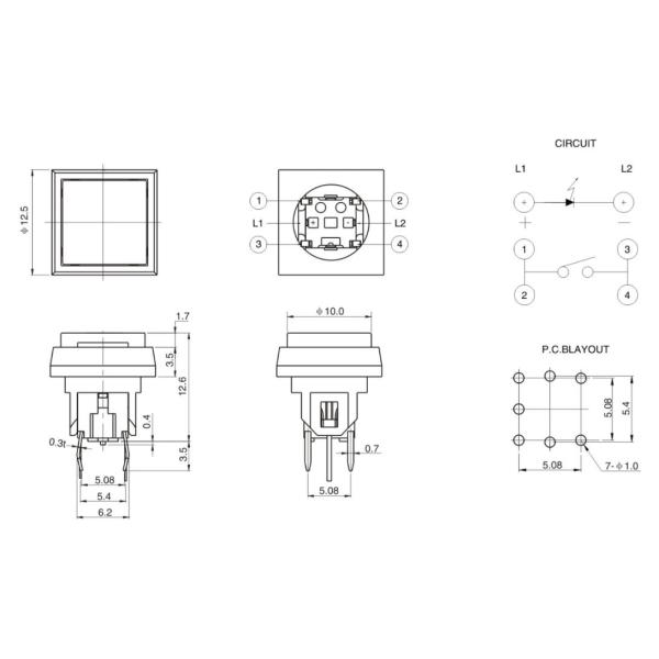 6 PIN Illuminated Tact Switch , metal Square Push Button Light Switch