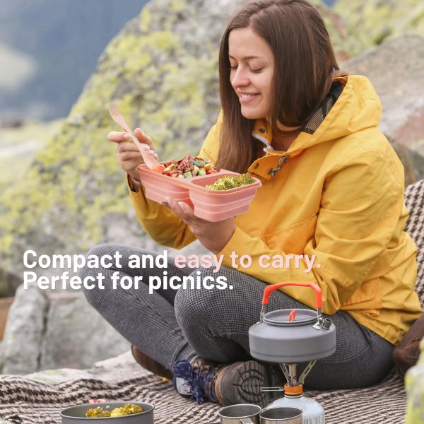 2 Compartments Collapsible Lunch Containers With Lid Lunchbox With Utensils Foldable Silicone Bento For Adults BPA Free