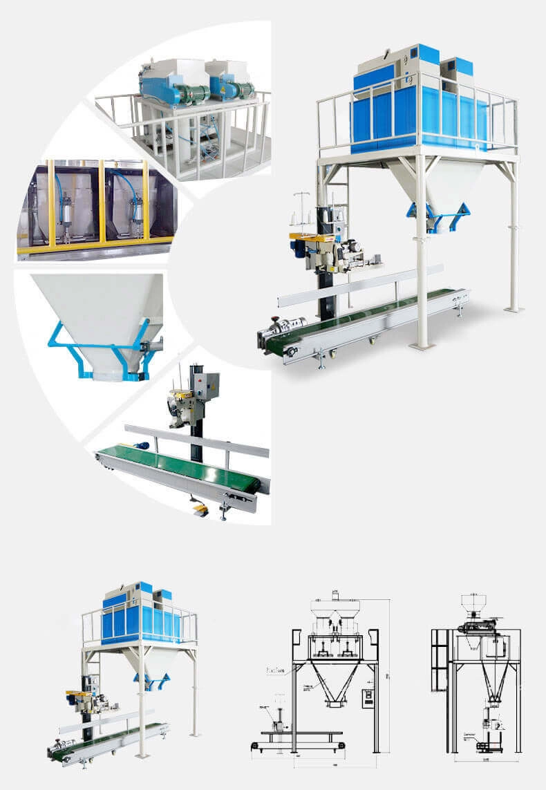 Salt packaging line with weighing, conveying, and bag closing modules