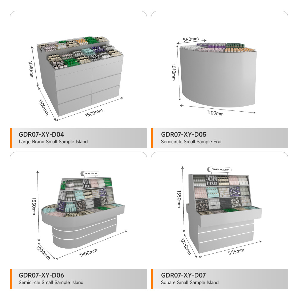 Retail Shop Decoration Grey Wooden Sample Island For Space-Saving Shop Rack And Cost-Effective Store Cabinet