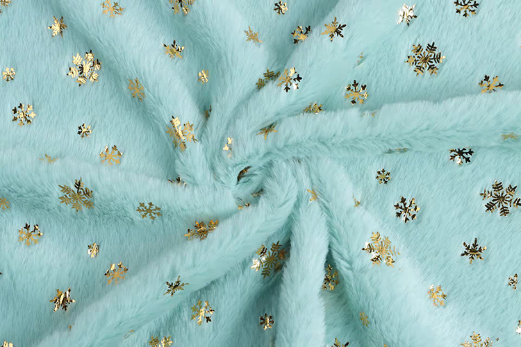 DDP Recycled Factory High Quality Bunny Hair Foil Gold Fabric Snowflake Pattern, Wholesale Polyester Fleece Fabric