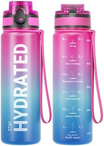 32oz Motivational Sports Water Bottle with Time Marker - Times to Drink - Tritan, BPA Free, Wide Mouth Leakproof,