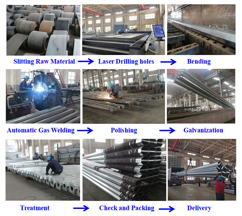 Q460 Gr65 100FT 3 Segments Polygonal Hot Dip Galvanized Burial Transmission Steel Pole