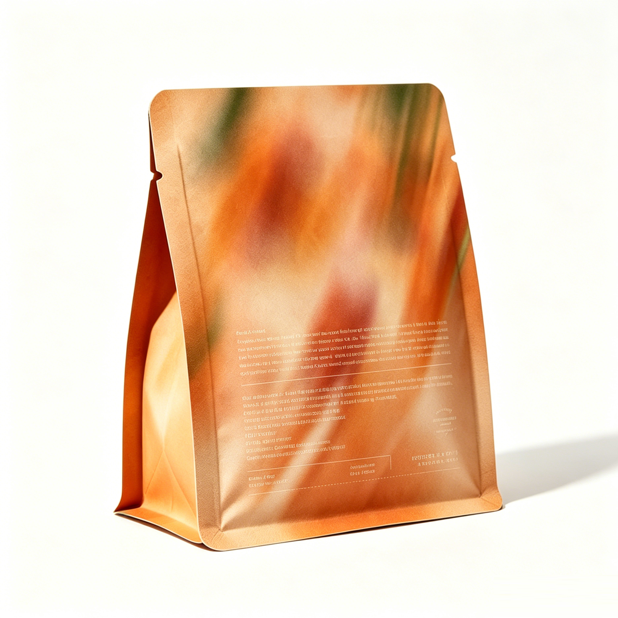Custom Gradient Printed White Kraft Eight Side Seal Coffee Bag | Resealable Zipper Flat Bottom Pouch For Roasted Coffee Bean Packaging