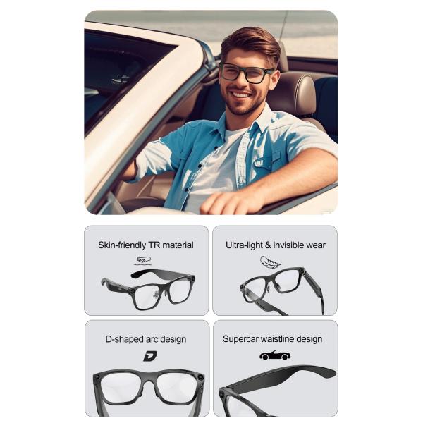 Black AI Smart Glasses Built-in 20MP Camera Translation Voice Control WiFi 4.0 And Bluetooth 5.3 For Data Transmission