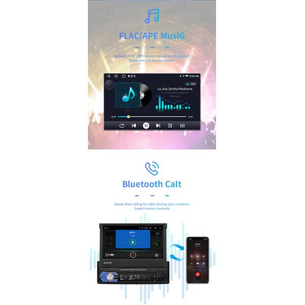 GPS Car Mount Tablet Android 1 DIN Auto Retractable Screen Car Player Bluetooth