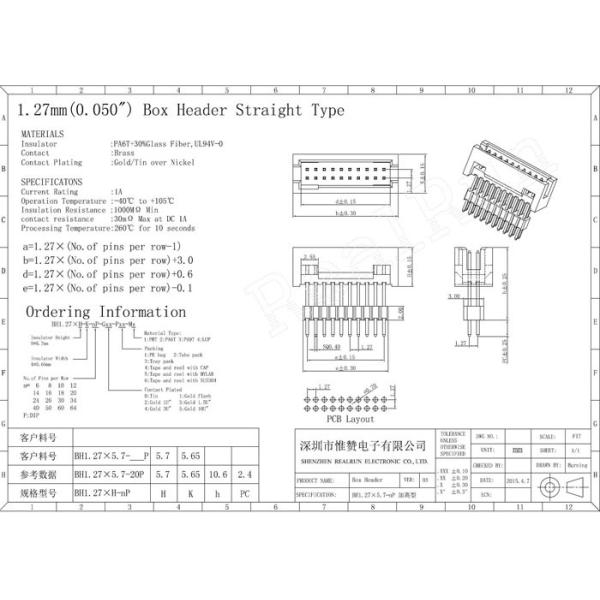 1.27mm Cable To Board Connector Through Hole Withstand Voltage 500V AC / DC